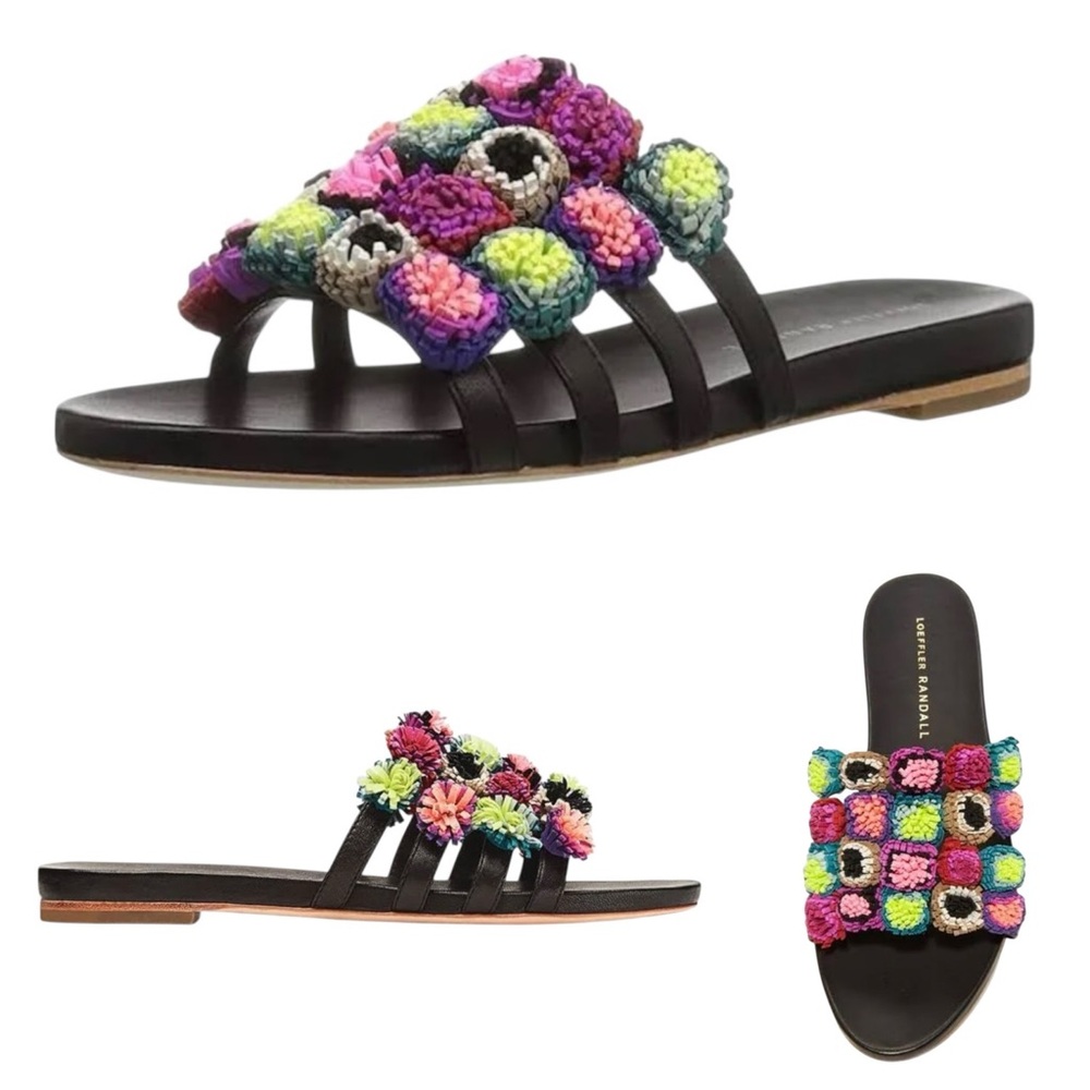 Loeffler Randal Sal PomPom Slide Multicolor Leather Casual Sandals Womens 9.5 - Picture 2 of 15